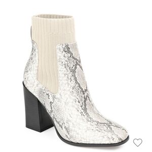 Journee Collection Snakeskin Heeled Boots in Cream and Black